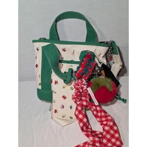 Madden Girl Mini Tote Bag Green Canvas Embroidered Fruit Veggie Crossbody NWT